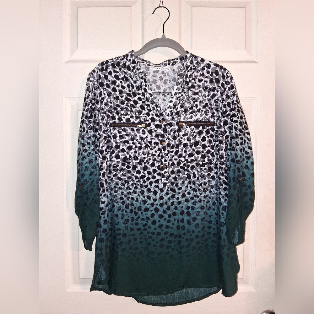 Cato Chiffon Teal Ombre Leopard Print Button-Front Blouse